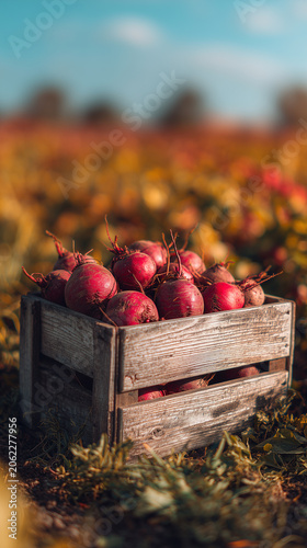 Freshly harvested beets in a wooden crate on a sunny autumn evening