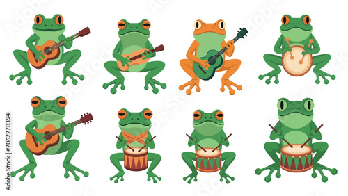 A group of cartoon frogs playing musical instruments, including guitars and drums, in a playful illustration.