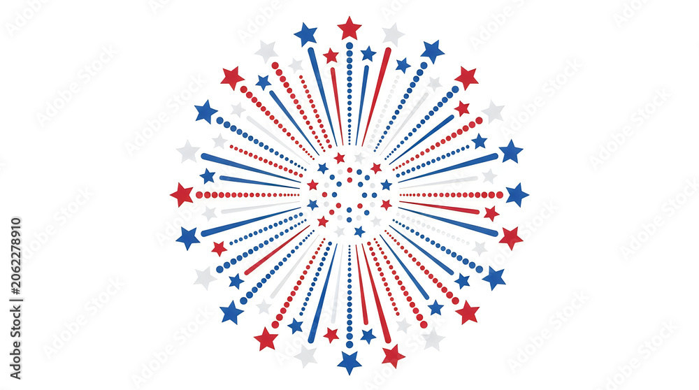 Fototapeta premium Patriotic firework design, red white blue starburst, American celebration graphic, festive explosion
