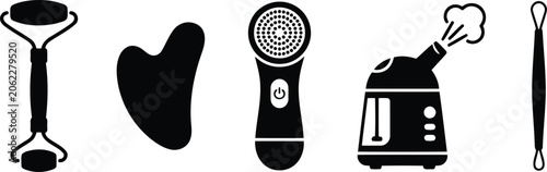 Φωτογραφία Set of skincare tools icons, including facial roller, gua sha, cleansing brush,