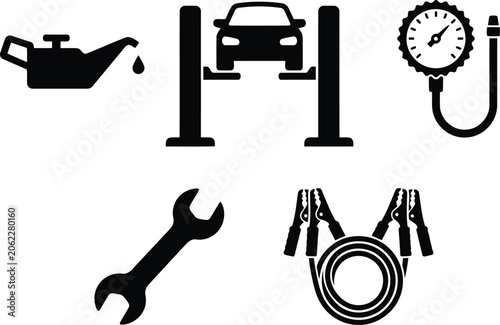 Fotografía Set of car service icons, including oil change, car lift, tire pressure gauge, w
