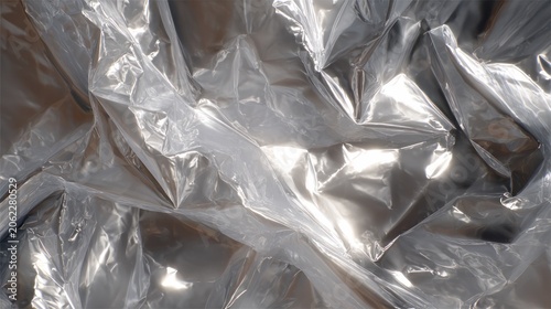 Abstract texture of crumpled plastic material reflecting light closeup