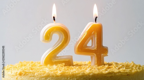 Number 24 birthday candles on yellow cake, twenty-fourth birthday