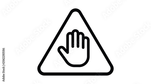 Bold black and white warning sign featuring a palm hand symbol centered inside a triangle
