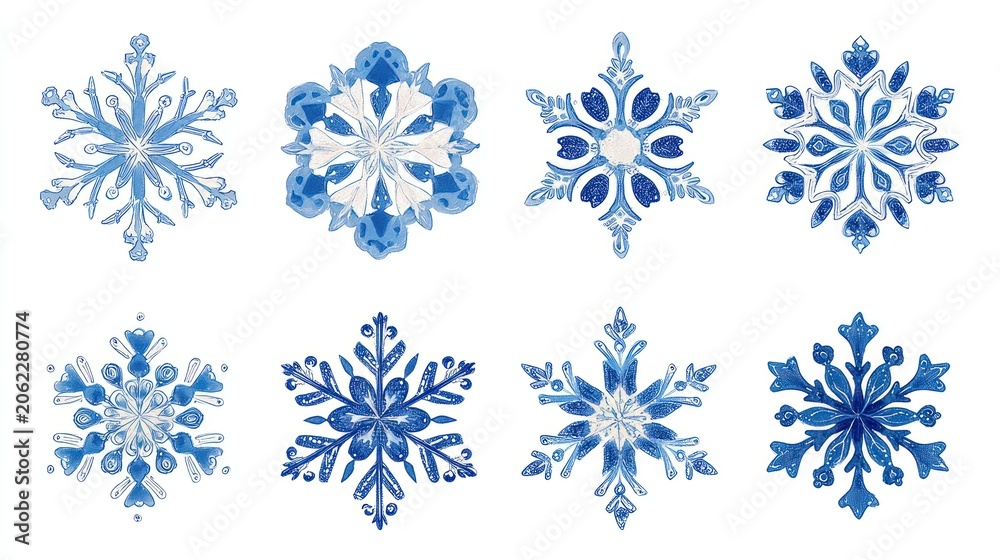 Fototapeta premium Watercolor blue snowflakes collection isolated on white background for winter designs