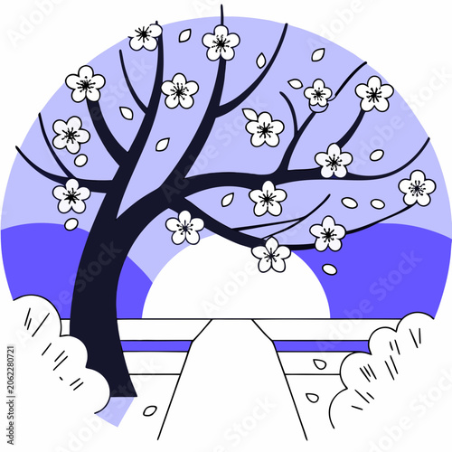 Blossoming tree with flowers against sunset background in spring  