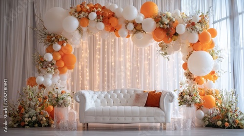 Orange and White Balloon Arch with Sofa Party Setup, fall-themed balloon garland backdrop