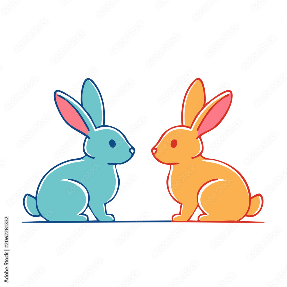 Fototapeta premium Two cartoon rabbits facing each other in flat design
