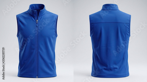 Blue sleeveless zip up jacket front and back view displayed