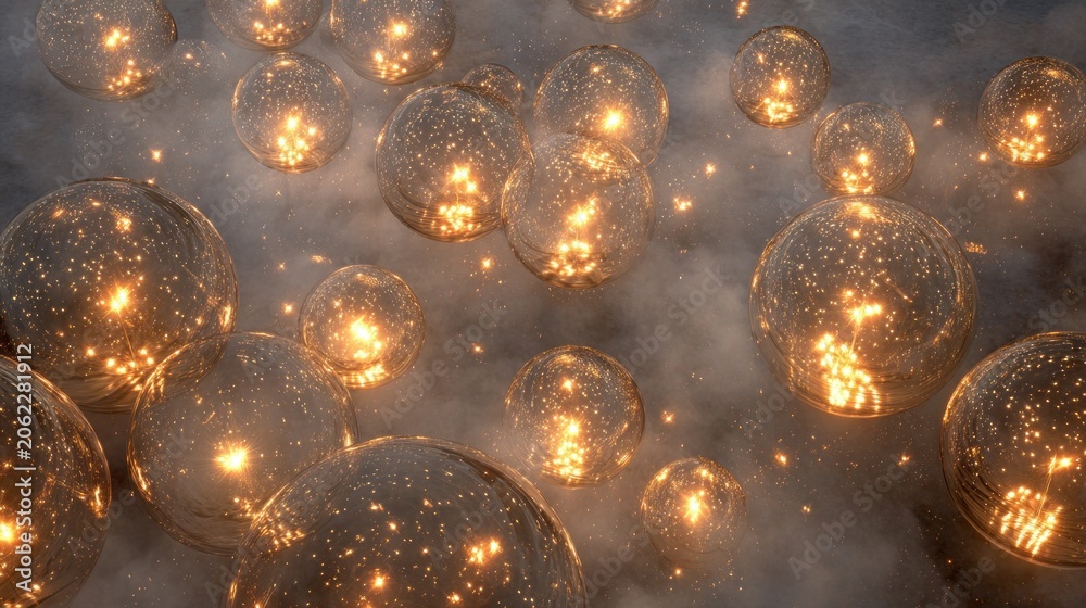 Fototapeta premium Abstract illustration of glowing orbs floating in a nebulous environment
