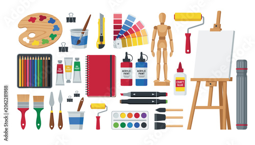 Artist tools and studio painting supplies collection. Easel, canvas, palette, brush, paint, notebook, mannequin and marker.