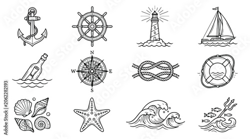 Schilderij op canvas Vintage nautical icons set, hand drawn maritime vector elements with anchor and