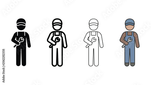 Fotografija Mechanic holding a wrench in a simple style during workday isolated on white bac