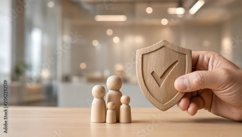 Hand holding wooden shield with, check mark protecting wooden family figurines insurance and, security concept
