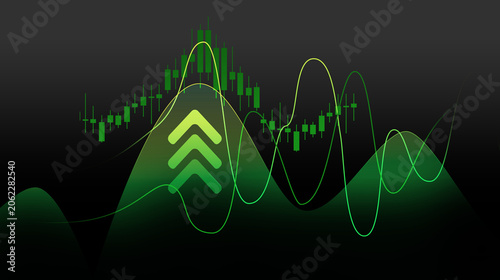 Φωτογραφία Green Upward Trend Graph: A vibrant green graph illustrating an upward financial trend, with candlestick charts and fluctuating wave lines against a dark backdrop