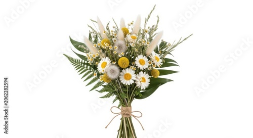 Fresh bouquet of white and yellow flowers tied with ribbon