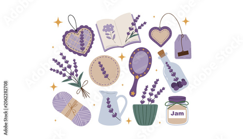 Fotografie Flat illustration of vintage farmhouse items with lavender