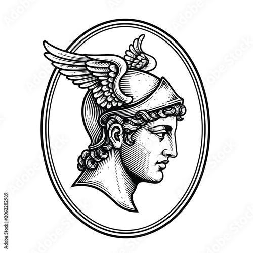 Vintage engraved illustration of Mercury god head with winged helmet in oval frame.