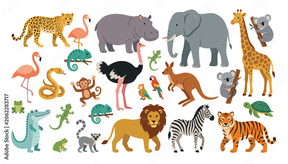 Obraz premium Wild exotic animals cartoon characters set. Elephant, lion, tiger, giraffe, zebra, hippopotamus, leopard and safari.