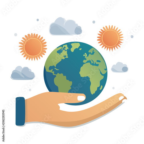 Hand holding Earth with sun and clouds illustration