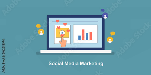 Social media marketing, audience engagement analytics and performance intelligence graph.