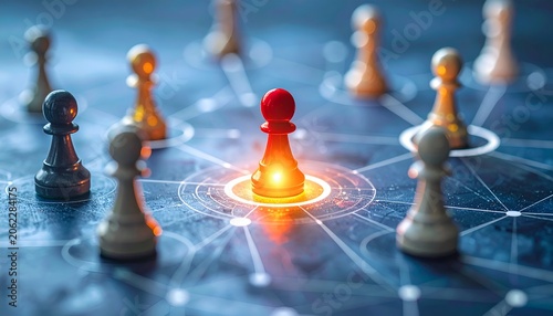 Red pawn glows brightly, commanding attention. Black and white pawns surround it, subdued