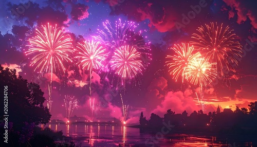 Vibrant fireworks exploding over serene lake at sunset