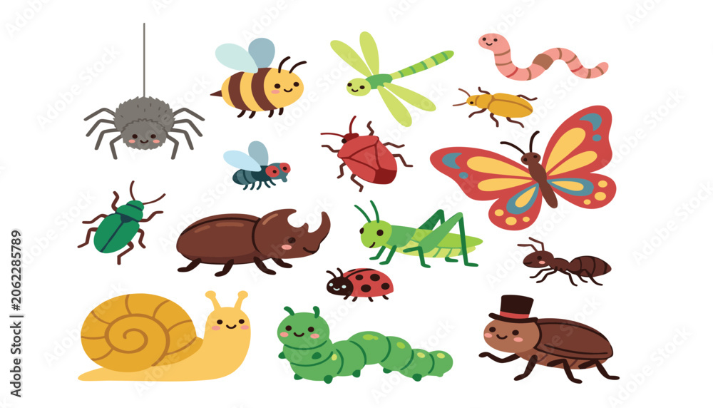 Naklejka premium Cute garden insects cartoon characters set. Butterfly, bee, spider, snail, caterpillar, beetle, grasshopper and ladybug.