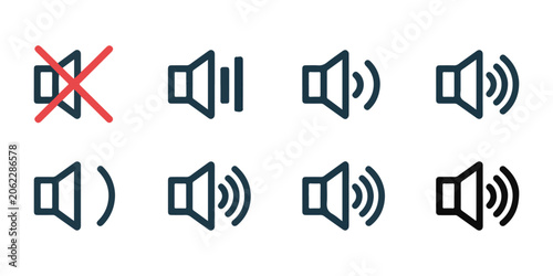 Fényképezés Group of speaker volume icons with muted symbol showing different sound levels on a transparent background