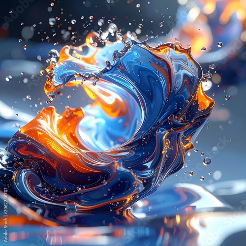 Vibrant fluid splash with orange and blue hues
