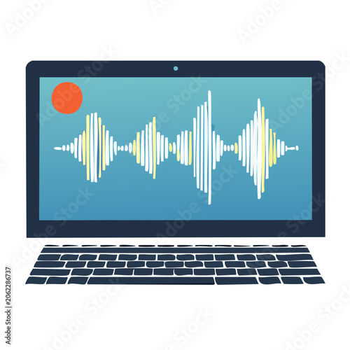 Flat design sound wave visualization on laptop screen