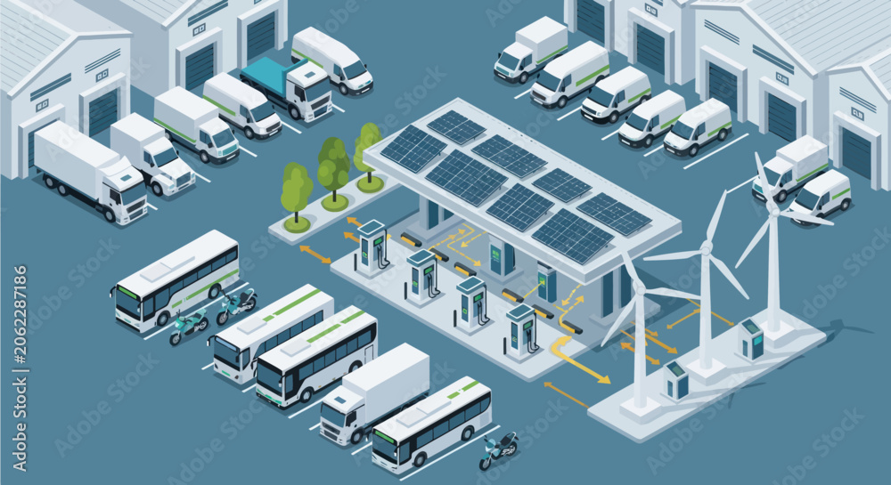 Fototapeta premium An isometric illustration depicts a futuristic sustainable energy hub powering various electric vehicles, including trucks, buses, and vans, alongside solar panels and wind turbines.