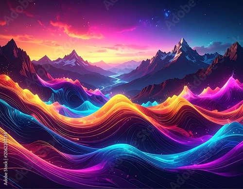 Vibrant, multicolored mountain range landscape with wavy lines