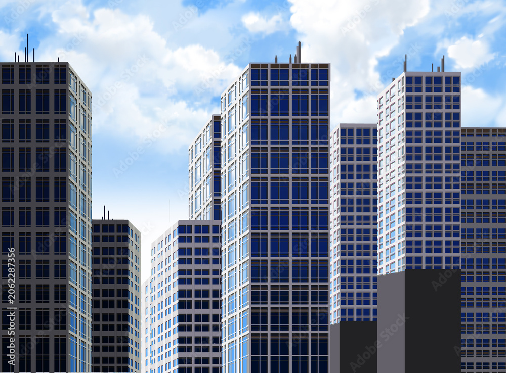 Fototapeta premium Modern city skyscrapers vector illustration under cloudy blue sky. Cartoon style urban cityscape background