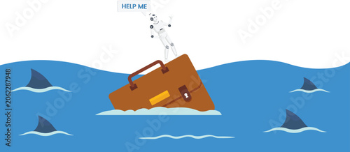 Tableau sur toile Robot character sinking briefcase financial risk deep water shark fins artificia