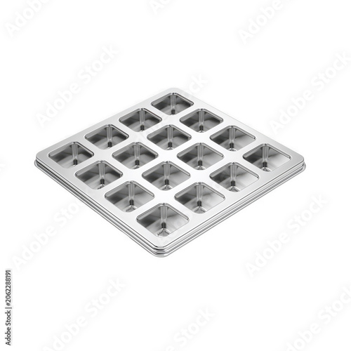 Shiny silver ice cube tray with grid pattern for beverage chilling