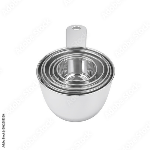 Shiny silver nested measuring cups set for culinary precision on transparent background