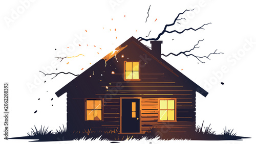 Dark silhouette of isolated cottage with warm glowing windows, dramatic night atmosphere with lightning, cozy refuge illustration representing safety and solitude concepts