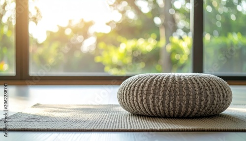 Cozy Knitted Meditation Cushion Resting on Woven Mat by Sunlit Garden Window