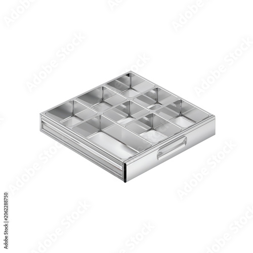 Modern chrome desk organizer with adjustable dividers for office use on transparent background