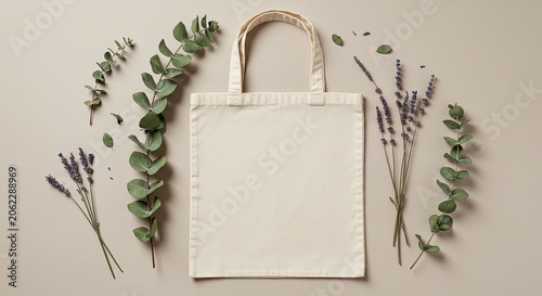 A natural tote bag surrounded by eucalyptus leaves and lavender flowers on a beige surface