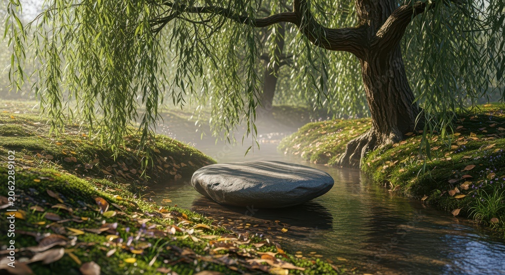 Fototapeta premium Peaceful Forest Stream with Flat Stone Podium Under a Weeping Willow Tree in Soft Morning Sunlight