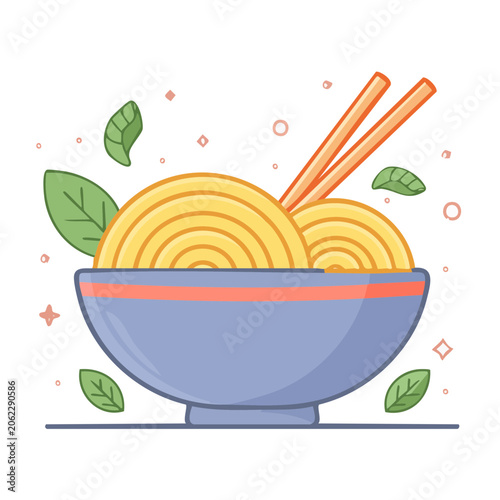 Flat design illustration of a bowl of noodles with chopsticks