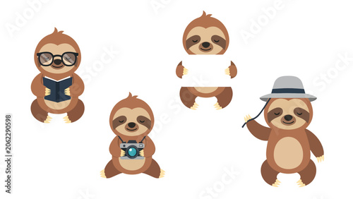 Set of four cute cartoon sloths engaged in various activities like reading, photography, and holding a sign.