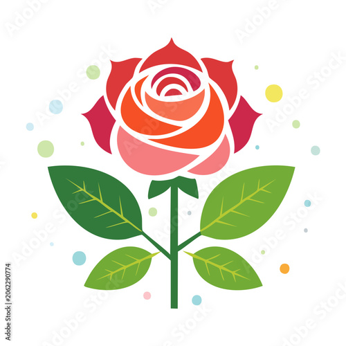 Flat Design Red Rose with Green Leaves
