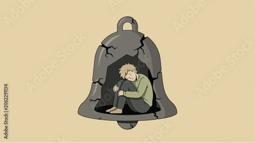 Cartoon man sitting in large bell.