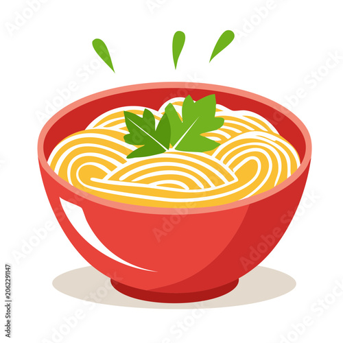 Red bowl of noodles with parsley and steam