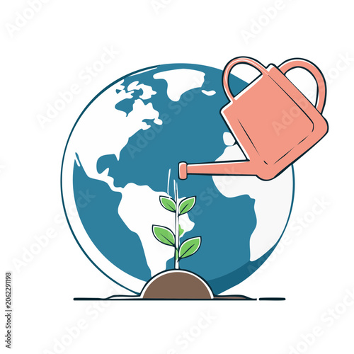 Watering can watering a sprout on a globe illustration