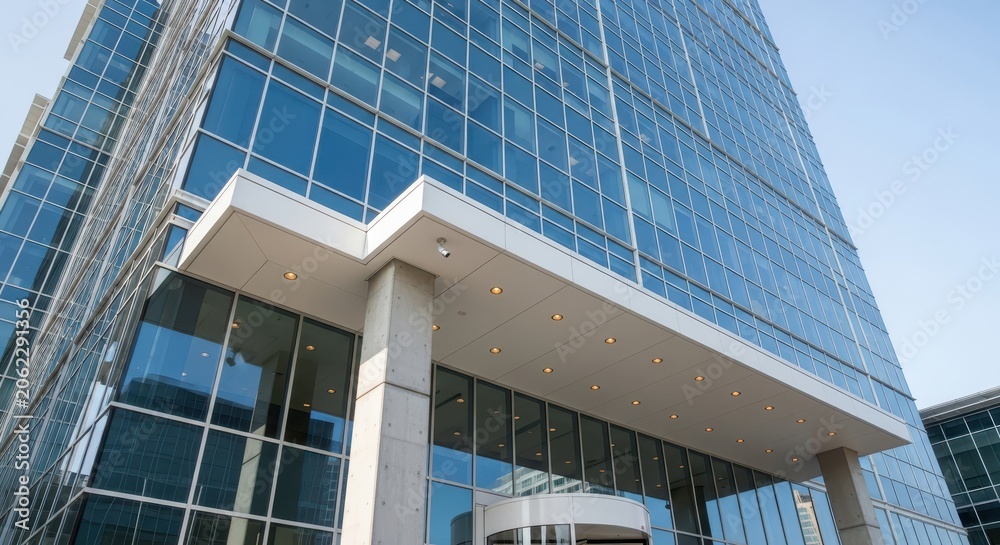 Obraz premium Contemporary Corporate Architecture: Low Angle View of a Glass Skyscraper Entrance and Facade
