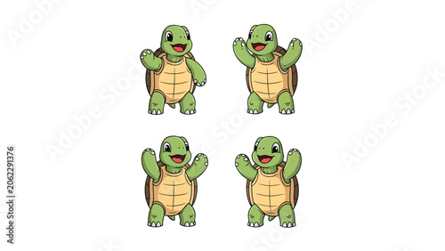 Four cute cartoon turtles standing and waving with happy expressions on a white background.